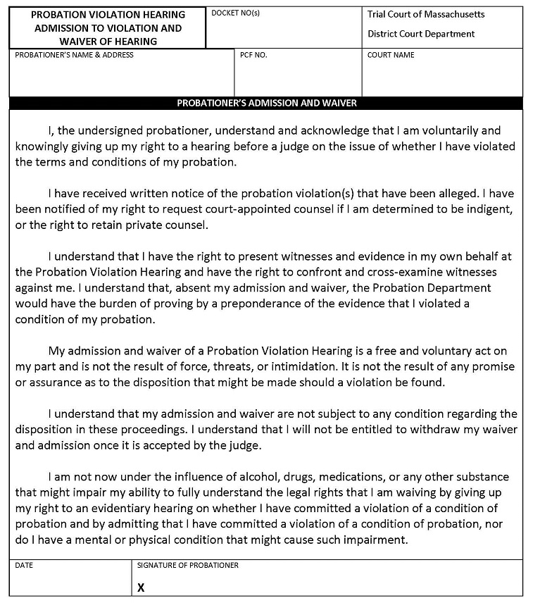 form for Probation violation hearing admission to violation and waiver of hearing